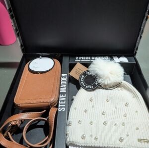 Steve Madden Brown Crossbody Bag and Cream Beanie Gift Set NIB MSRP. $98